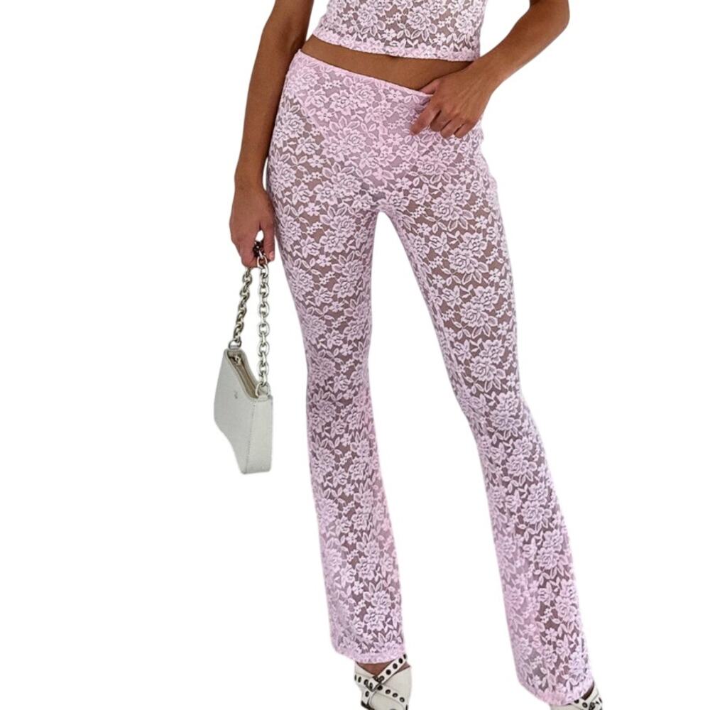 White Fox Women's New Eras Sheer Floral Lace Coquette Flare Leg Pants Pink SZ M